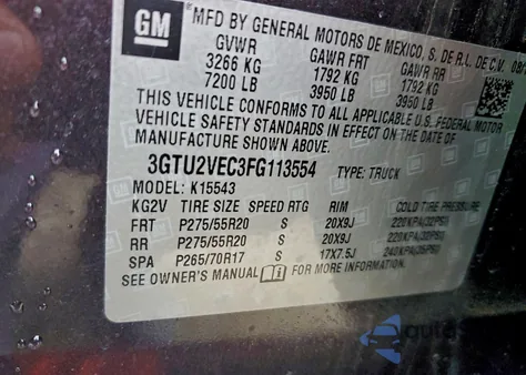 2015 GMC Sierra K1500 Slt z USA, uszkodzony, nr VIN 3GTU2VEC3FG113554